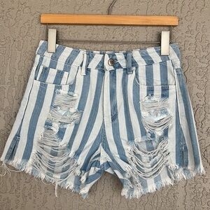 Buddy Love Blue & White Stripe High Rise Distressed‎ Soft Denim Shorts NWT